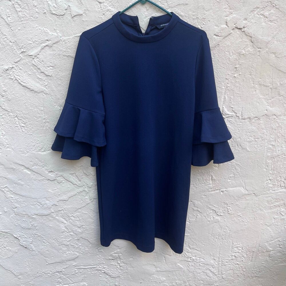 Sharagano navy shift dress featuring ruffle bell sleeves sz 8